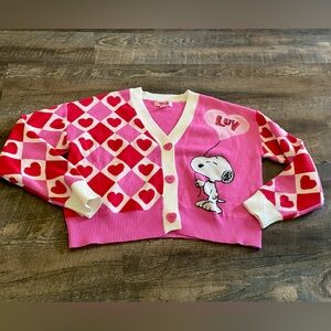 Peanuts Women's Snoopy Valentine's Luv Heart Cardigan Sweater Pink Size M